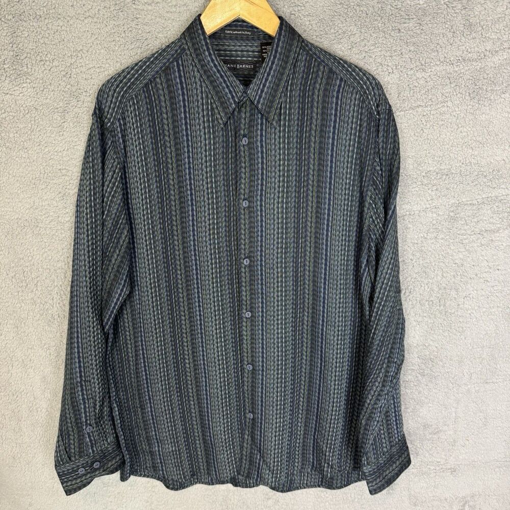 S Jhane Barnes Shirt Mens L Blue Long Sleeve Button Up Acetate Viscose Casual‎